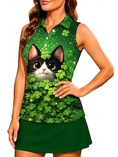  St. Patrick Women's Cat Plants Clover Workout Tank Top Shirt Sport Shirt Golf Polo Shirt Sleeveless Sporty UPF50+ UV Resistant Trainer Dancing Breathable Tennis Badminton Pickleball Fold-over Collar