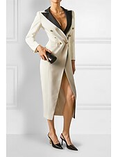 cheap Tuxedo Dresses-Women's Tuxedo Dress Sheath Business Office Formal Satin Elegant Long Sleeve Midi Peak Lapel Double Breasted
