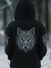 levne Vikingové vrcholy-Dámské Mikina s kapucí s kapucí Slátanina Tisk Přední kapsa Grafika Zvíře Vinobraní Na běžné nošení Cikánský Dlouhý rukáv Kapuce Běžné topy Ležérní ulice Na den Černá Zima