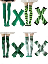 זול אביזרים-גרבי יום פטריק הקדוש לנשים &amp;סט מחממי ידיים, 4 חלקים ירוק &amp;גרביים שחורות מפוספסות עד הברך עם כפפות תואמות ללא אצבעות, אביזרי תחפושת מהנים לפסטיבל אירי לנשים &amp;בני נוער, מושלם עבור