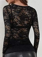 baratos Tops de Renda-Mulheres Blusa Tops de renda Renda Tecido à moda Sensual Manga Longa Decote V Tops regulares Diário Feriado Para Noite Preto Branco Vinho Azul Marinha Verde Esmeralda Outono Inverno