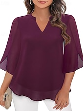 abordables Blouses Élégantes-Femmes Chemisier Hauts en mousseline de soie Patchwork Uni Élégant Occasionnel Demi Manches Col en V Hauts Réguliers Quotidien Fête Sortir Noir Rose Claire Vin Rouge Bleu Roi Été Printemps Automne