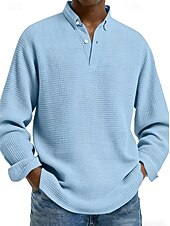 abordables Polo clásico para hombre-Hombre Camisetas polo con diseño de gofre Camisetas polo Casual Calle Diseño Manga Larga Básico Moderno Plano Botones Primavera Otoño Ajuste regular Negro Blanco Rojo Azul Marino Albaricoque