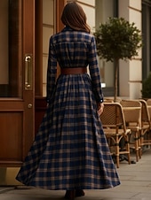preiswerte Streifen- und geometrisches Kleid-Damen Maxikleid Shiftkleid Urlaub Lässig Boho Täglich Normale Passform Karomuster Langarm Hemdkragen Blau Gelb Rosa Rote Frühling Herbst Winter