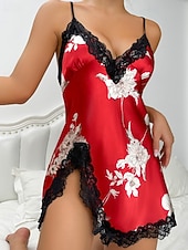 Недорогие Женские пижамы-Жен. Ночная рубашка Секси На каждый день Леопард Шелковая атласная пижама Кружева Открытая спина Повседневные Дом Кровать Без рукавов ремни Лотос розовый Черный Цвет шампанского Красный Лиловый Лето