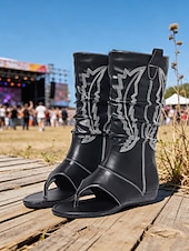 preiswerte Cowboy &amp; Western Stiefel-Rote Boho-Western-Stiefeletten für Damen mit offener Zehenpartie und Stickereien – perfekt für Musikfestivals und legere Outdoor-Veranstaltungen
