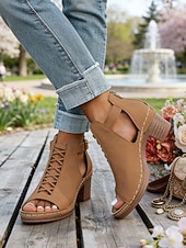 voordelige Hakken Sandalen-Rode damessandalen met dikke hak en ritssluiting, opengewerkt ontwerp, perfect voor tuinfeesten en casual gelegenheden.