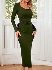 cheap Women-Women's long sleeve square neck waist pleat one side slit ribbed long dress