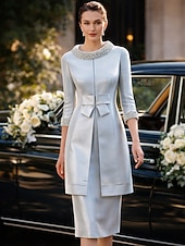 abordables Conjuntos de vestidos para mamá-Dos Piezas Funda Columna Hasta la Rodilla Vestido Invitada Boda Vestido de Madrina Correas Joya Elegante Invitado a la boda Fiesta de Boda Iglesia Satén Vestidos de chaqueta con Cinta / Lazo Lazo(s