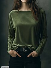 billige Plain t-skjorte-Dame Bluse Rynket Helfarge Årgang Fritid Langermet Crew-hals Vanlige topper Daglig Blå Salvie Grøn Rosa Vin Brun Vår Høst Vinter