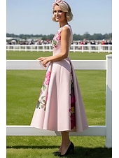  Ligne A Longueur thé Robe de Derby Robe de Mère de Mariée  Sans manches Col en V Élégant ancien Kentucky Derby Satin avec Fleur Imprimé