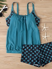 זול טנקיני-בגד ים טנקיני 2 חלקים לנשים עם חצאיות מחטב בטן מותן גבוהה שקוף בגד ים חופים עם פסים נקודתיים וצווארון U ללא שרוולים