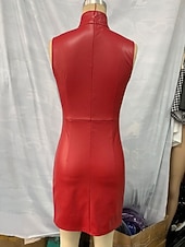 رخيصةأون فستان بسيط-نسائي فستان قصير لباس غير رسمي فستان شيث فستان من الجلد عتيق موضة الحديث مناسب للبس اليومي عطلة مناسب للخارج عادي سهل بدون كم مرتفعة أحمر الصيف الربيع