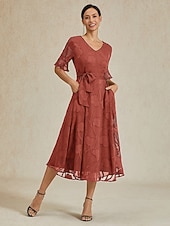  Damen Midikleid Chiffonkleid Elegant Täglich Hochzeitsgast Date Normale Passform Blumen Halbarm V Ausschnitt Koralle Rot