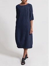 preiswerte Weißes Kleid-Damen Midikleid Sommerkleid Shiftkleid Urlaub Lässig Boho Täglich Strand Ferien Lässiger Schnitt Einfach Dreiviertelarm Rundhalsausschnitt Marineblau Schwarz Rote Hellgrau Sommer Frühling