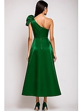 abordables Vestidos de Cocktail-A-Line Tea Length Cocktail Dresses Elegant Silky Semi Formal Sleeveless One Shoulder Garden Party Wedding Satin with Shouder Flower