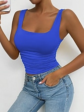 baratos Plain Tank-Women's Camisole Tank Top Solid Color Stylish Casual Sleeveless Square Neck Regular Tops Daily White Yellow Wine Red Royal Blue Summer