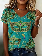 economico Maglietta Arte &amp; Design-Carnevale Per donna Maglietta Stampato Grafico Astratto Vintage Casual Manica Corta Scollo a V Top Regolari Quotidiano Weekend Abbigliamento da vacanza Blu Estate Primavera