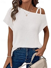 abordables Camiseta lisa-Mujer Camiseta Color sólido Vintage Elegante Manga Corta Cuello asimétrico Tops regulares Diario Noche Fin de semana Negro Blanco Rosa Caqui Verano Primavera