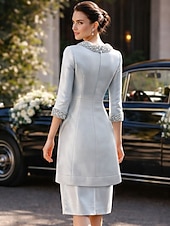 abordables Conjuntos de vestidos para mamá-Dos Piezas Funda Columna Hasta la Rodilla Vestido Invitada Boda Vestido de Madrina Correas Joya Elegante Invitado a la boda Fiesta de Boda Iglesia Satén Vestidos de chaqueta con Cinta / Lazo Lazo(s