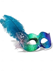 olcso kiegészítők-Női kék-zöld fényes tollas álarc a Mardi Gras-ra – Elegáns velencei karneváli jelmez kiegészítő textúrált mintával bulikhoz és bálokhoz