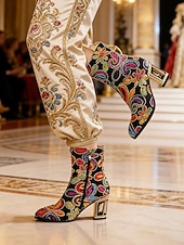 tanie Buty damskie-Kobiece botki z cekinami i haftem – Kolorowe krótkie buty barokowe w stylu karnawałowym na imprezy festiwale i bal maskowy