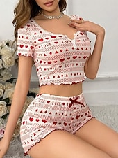 economico Pigiami e Lounge San Valentino-Per donna Set Pigiama Casual Comfort Cuore Elastico in vita Shorts Quotidiano Casa Manica Corta Scollo a V Nero Rosso Estate Primavera Vestibilità aderente