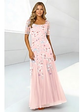  A-Line Floor Length Beaded Eembroidered Wedding Guest Dress Formal Dresses Mother of the Bride Dress Short Sleeve Square Neck Elegant Simple Minimalist Formal Wedding Guest Tulle Beaded Lace with