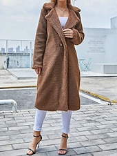 cheap Women's Outerwear-Women's Winter Coat Teddy Coat Coat Windproof Warm Patchwork Buttons Elegant Fashion Casual Plain Daily Outdoor Street Long Lapel Regular Fit Long Sleeve Outerwear Coffee Fall Winter