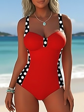 رخيصةأون مايوه قطعة واحدة-البيكيني النسائي من قطعة واحدة بتصميم نحيف مع حمالة تحتية بنقشة ألوان أنيقة لعطلة بنقاط البولكا هندسية ريشة بدون أكمام