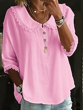 economico Bluse Semplici-Per donna Camicia popover Camicia Estiva Camicia casual Blusa Bordo in pizzo Tinta unica Vacanza Elegante Casual Manica 3/4 Collo ripiegato Top Regolari Quotidiano All'aperto Ferie Blu Bianco Giallo