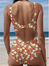 baratos Fatos de Banho 1 Peça-Mulheres Roupa de Banho Uma pedaço Slip roupa de banho Roupa de Praia Verão Floral Gráfico Decote U Sem Manga Fatos de banho
