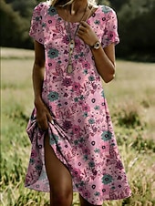 abordables Vestidos Boho-Mujer Vestido Midi Vestido de verano Vestido estilo camiseta Vestido de una línea Vacaciones Casual Diario Festivos Noche Ajuste regular Floral Graphic Manga Corta Cuello Barco Azul Piscina Fucsia