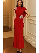 baratos Vestidos de Festa Sereia-Sereia Tubinho Longo Vestidos de noite Elegante Brilhante Estilo Celebridade Sem Manga Pescoço Festa de Jardim Casamento Crepe Esticado com Apliques