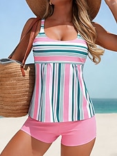 economico Surfing Tankinis &amp; Bikinis-Per donna Costume da bagno Tankini Costume da bagno a due pezzi A righe Controllo della Pancia Elastico Senza Maniche Costume da Bagno Surf Spiaggia Vacanze Estate