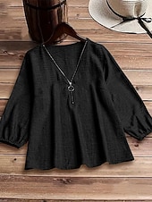 baratos Camisas Falsas Essenciais-Mulheres Blusa Tops elegantes Linho de algodão sintético Franzido Patchwork Zíper Côr Sólida Tecido Elegante senhoras à moda Manga 3/4 Decote V Tops regulares Diário Trabalho Para Noite Preto Camelo