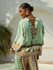 preiswerte Hemden, Tops und Blusen-Bluse mit ethnischem Totem-Motiv und Ärmeln aus seidigem Satin