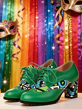 billiga Kvinno skor-Kvinnors Mardi Gras Gröna Snörning Knasiga Mönstrade Klackar Oxford – Färgglad Karneval Stil Perfekt för Festivalfirande Rolig  Vibrant Look