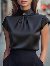 tanie Eleganckie bluzki-Damskie Koszula Elegancki Top satynowy Letnie szczyty Z marszczeniami Niejednolita całość W fałdki Równina Elegancja Zabytkowe damska Krótki rękaw Wysoki Zwykłe topy Codzienny Praca Święto Czarny