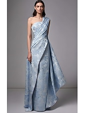 abordables Vestidos de Noche en A-Corte A Hasta el Suelo Vestidos de noche Corte Cenicienta Vestimenta formal Elegante Floral Sin Mangas Un Hombro Boda Formal Bolsillo Jacquard con Estampado flor Volantes