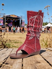 preiswerte Cowboy &amp; Western Stiefel-Rote Boho-Western-Stiefeletten für Damen mit offener Zehenpartie und Stickereien – perfekt für Musikfestivals und legere Outdoor-Veranstaltungen