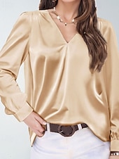 cheap Dressy Blouses-Women's Shirt Elegant Satin Top Blouse Ruched Plain Vintage Stylish Long Sleeve V Neck Regular Tops Holiday Going out Black White Wine Apricot Summer Spring