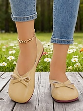 preiswerte Ballerinas für Damen-Damen-Ballerinas aus weichem Kunstleder in Mandelfarbe mit weiter Passform und Schleife – minimalistische Slipper für Büro, Freizeit und Schule