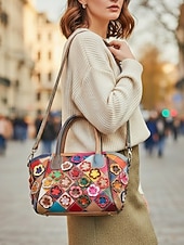 olcso Kézitáskák és bevásárlótáskák-női valódi bőr kézitáska, többirányú hordozási lehetőségekkel, 3D virágdíszítéssel, stílusos és funkcionális mindennapi használatra vagy különleges alkalmakra