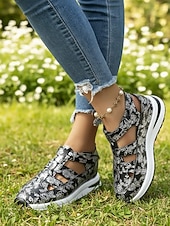 billiga Sport Sandaler-Svartvita blommiga sportsandaler för kvinnor – ihåliga promenadskor med sluten tå och kilformad sula för sommarresor och utomhusaktiviteter