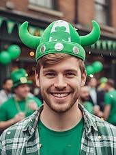 billige Tilbehør-Herrehatt i vikinghorn til St. Patricks dag – myk plysjhjelm av kløver, grønt kostymetilbehør til irske parader og fester &amp;festlige feiringer