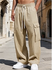 baratos Cargo Pants-Men's Cargo Pants Trousers Baggy Pants Drawstring Elastic Waist Multi Pocket Solid Color Windproof Comfort Knee Length Daily Outdoor Holiday Vacation Streetwear Army Green Apricot Inelastic