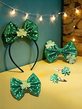  Dámská sada vlasových doplňků ke Dni svatého Patrika (4 ks) - zelená flitrovaná čelenka s trojlístkovou mašlí &sponky do vlasů, slavnostní irské kostýmní doplňky na přehlídku, večírek &oslava svátků