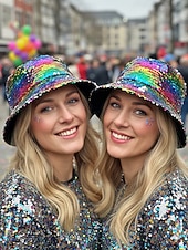 billiga Tillbehör-Kvinnors flerfärgad vändbar paljetthatt för Mardi Gras - glänsande diskokostymtillbehör för karneval rave och maskerad