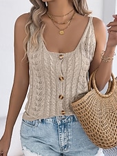 ieftine Culori Solide-Pentru femei Pulover Vestă pulover Șic Stradă Casual Culoare solidă Cablu În U Decupată Nasturi Tricotat Fără manșon Topuri obișnuite Tricotat Concediu Ieșire Sfârșit de săptămână Negru Alb Var